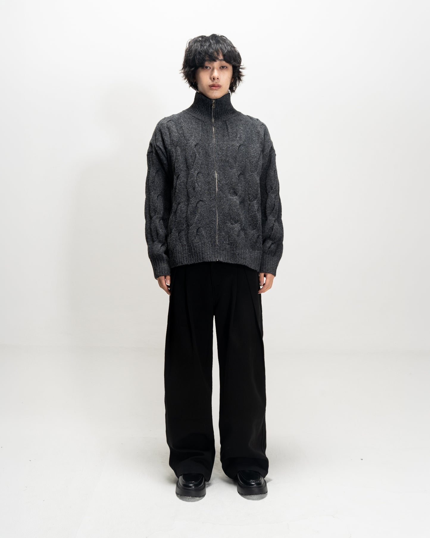 High-Neck Cable Knit Sweater D.GRY