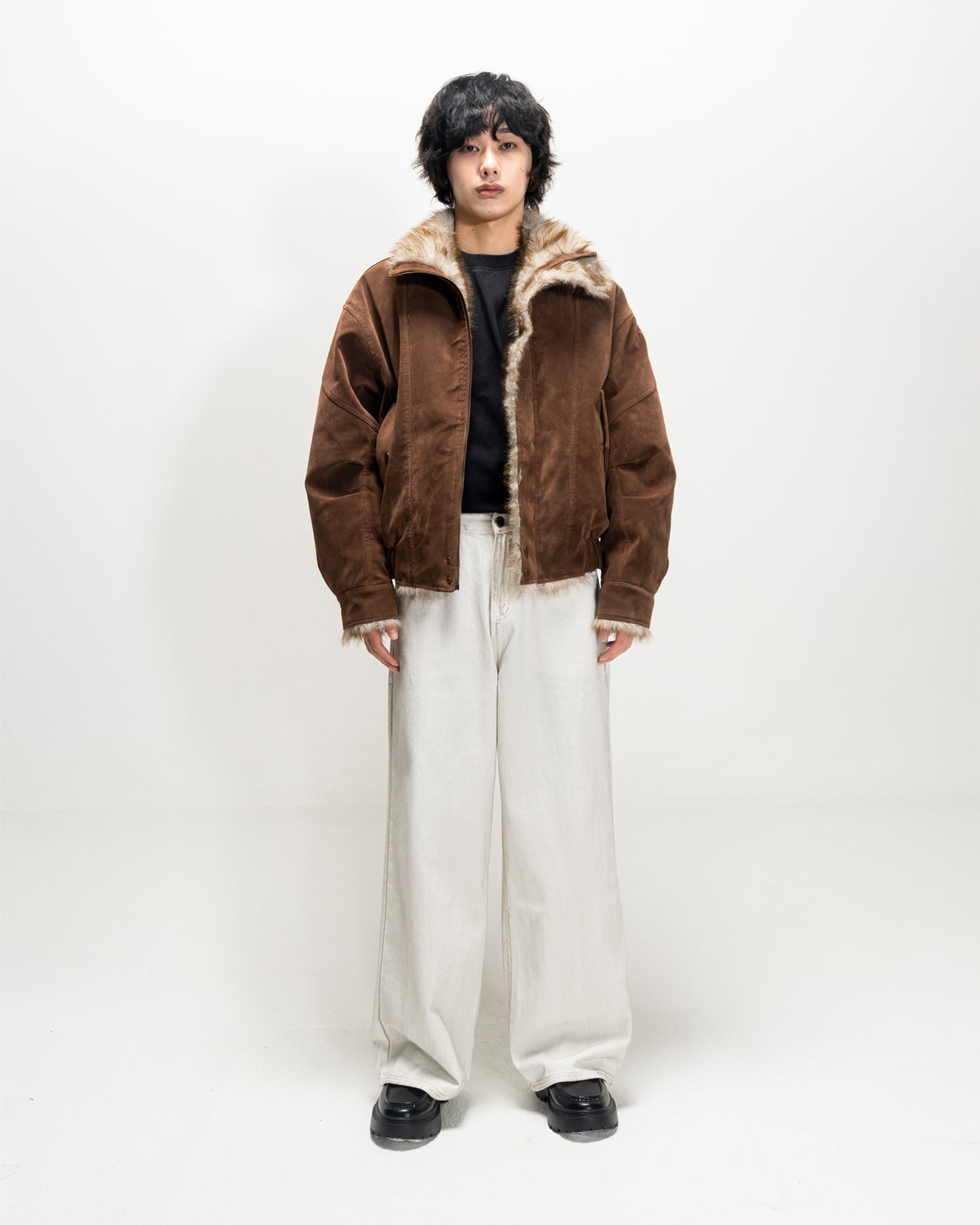 Faux Suede Stand Collar Cotton Jacket BRN