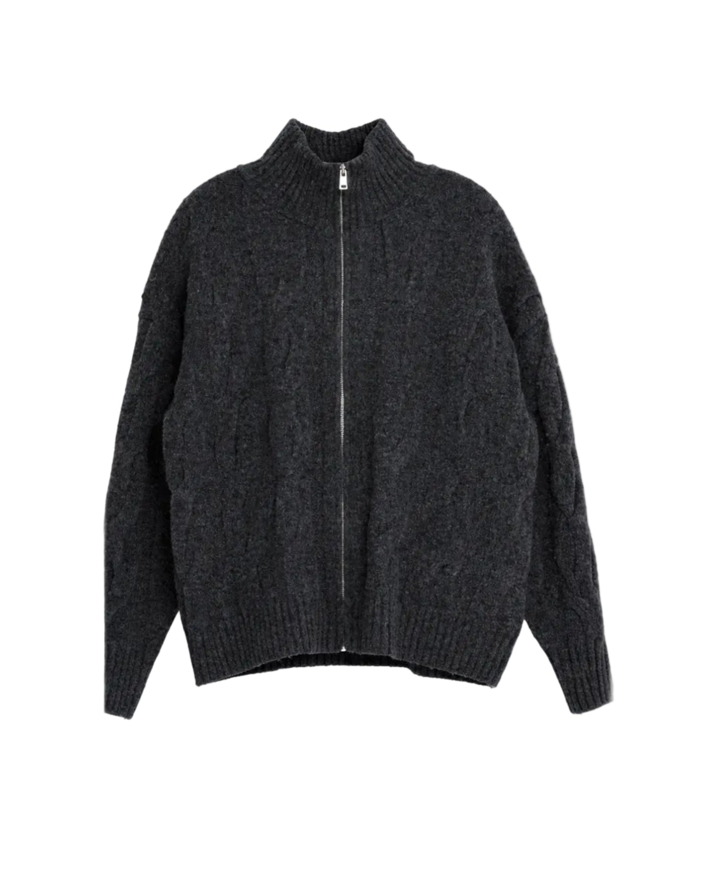High-Neck Cable Knit Sweater D.GRY