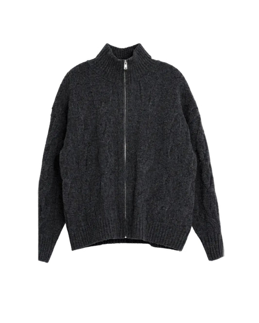 High-Neck Cable Knit Sweater D.GRY