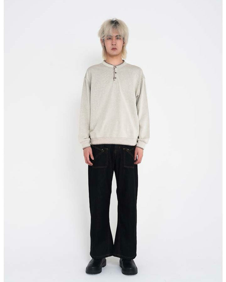 Hand-Stitched Henley Neck Knit Sweatshirt