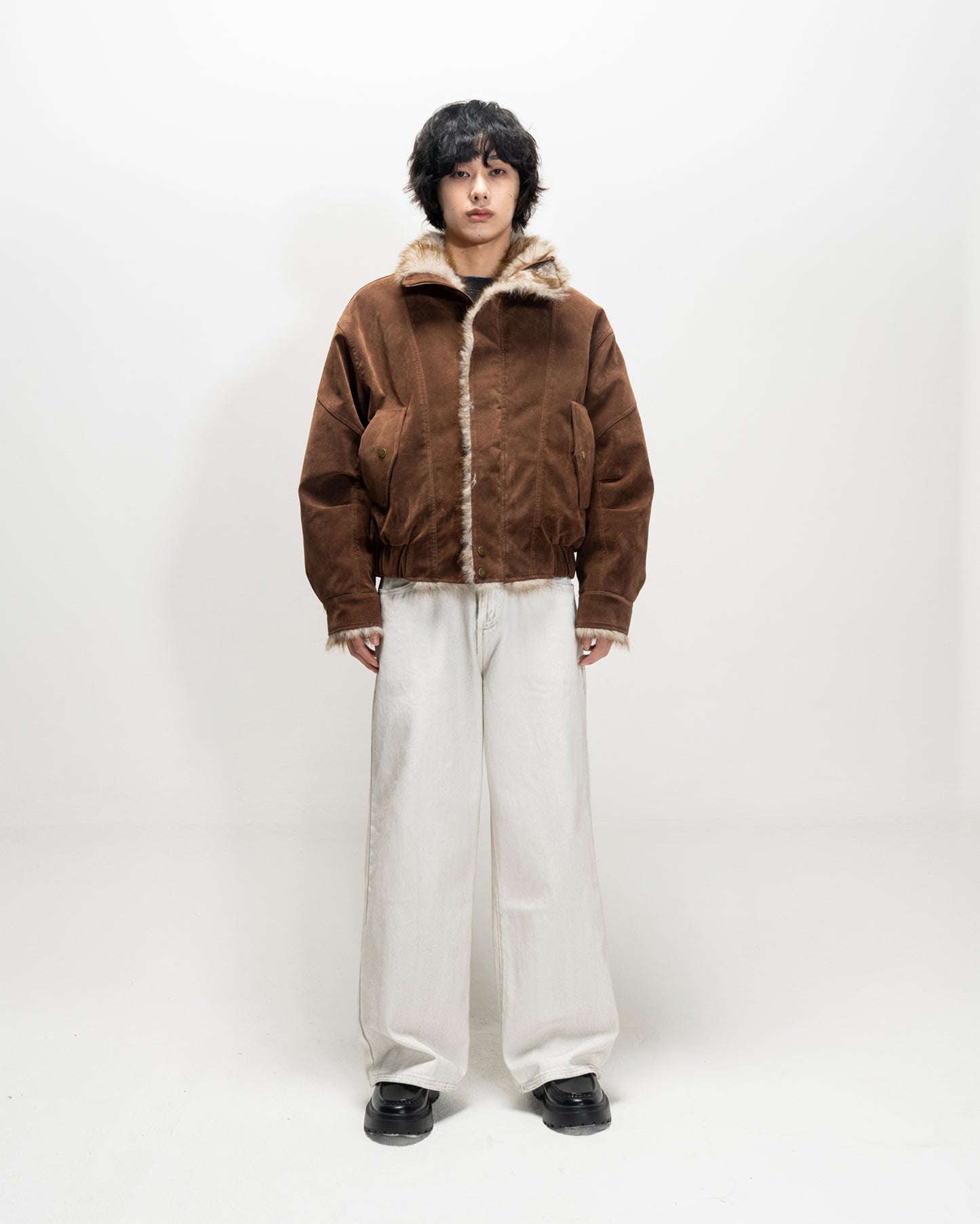 Faux Suede Stand Collar Cotton Jacket BRN