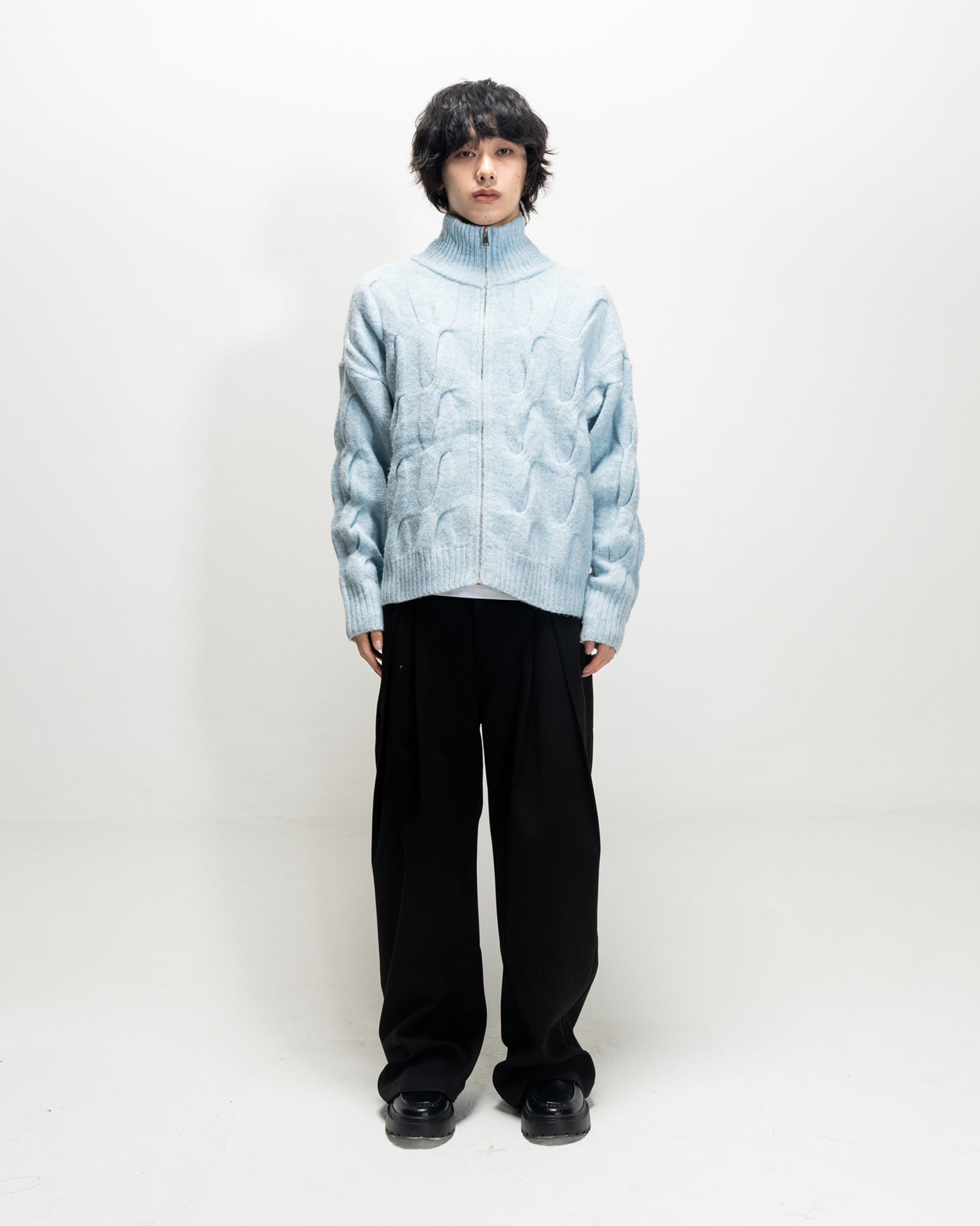 High-Neck Cable Knit Sweater