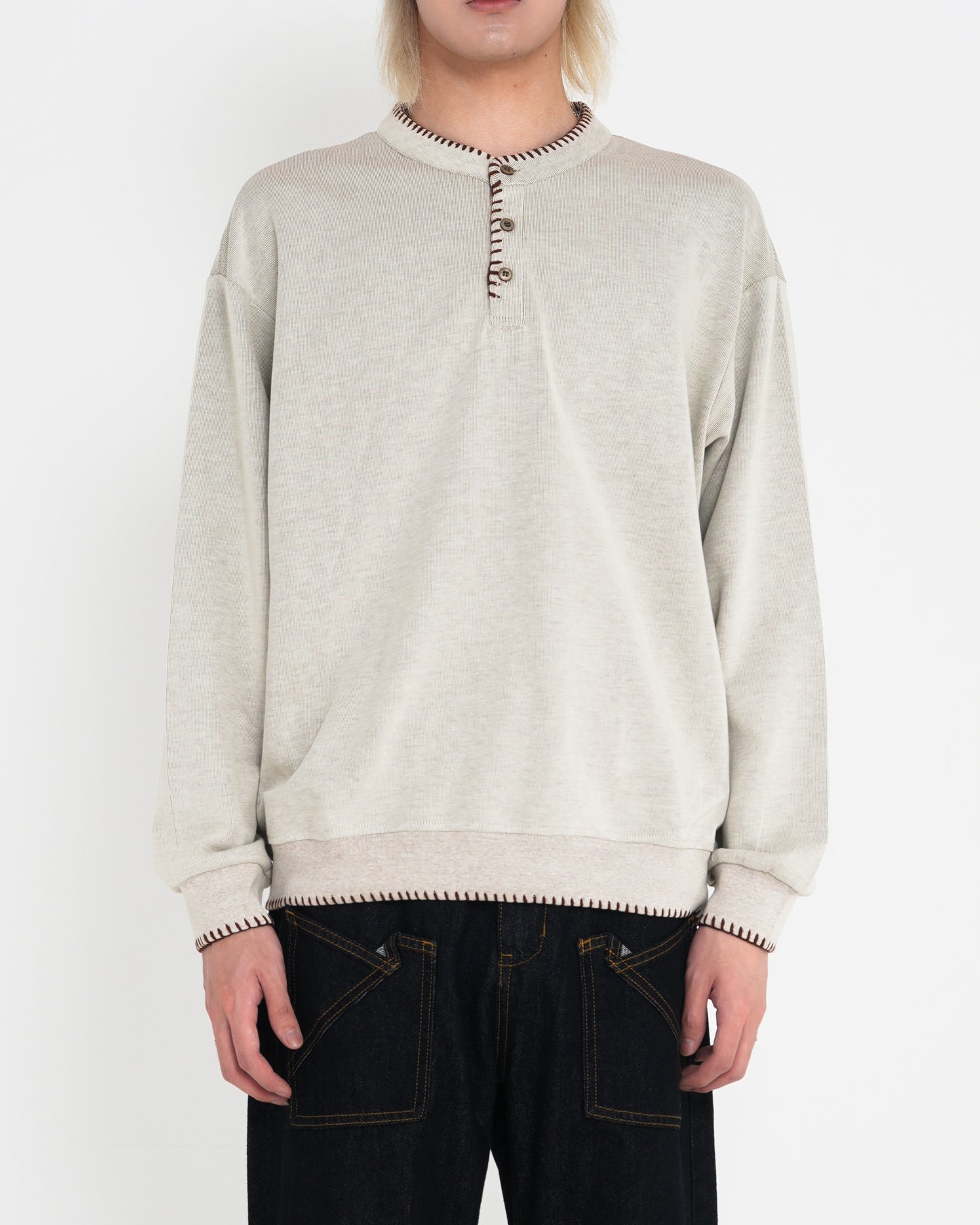 Hand-Stitched Henley Neck Knit Sweatshirt