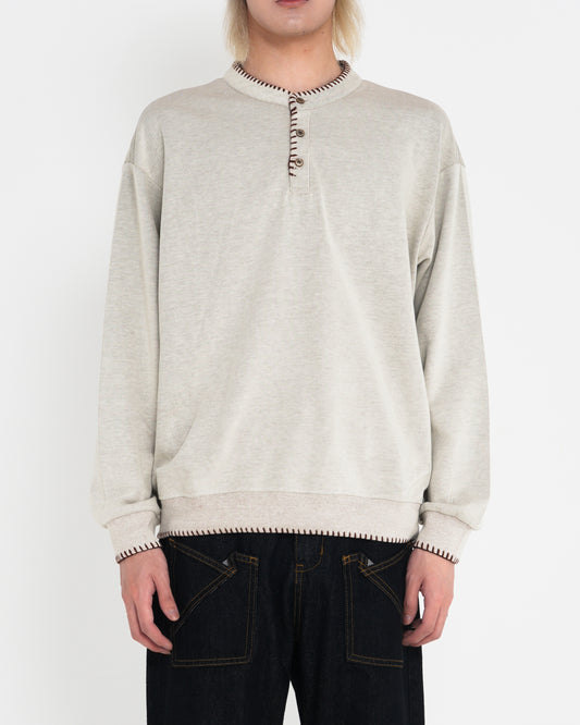 Hand-Stitched Henley Neck Knit Sweatshirt
