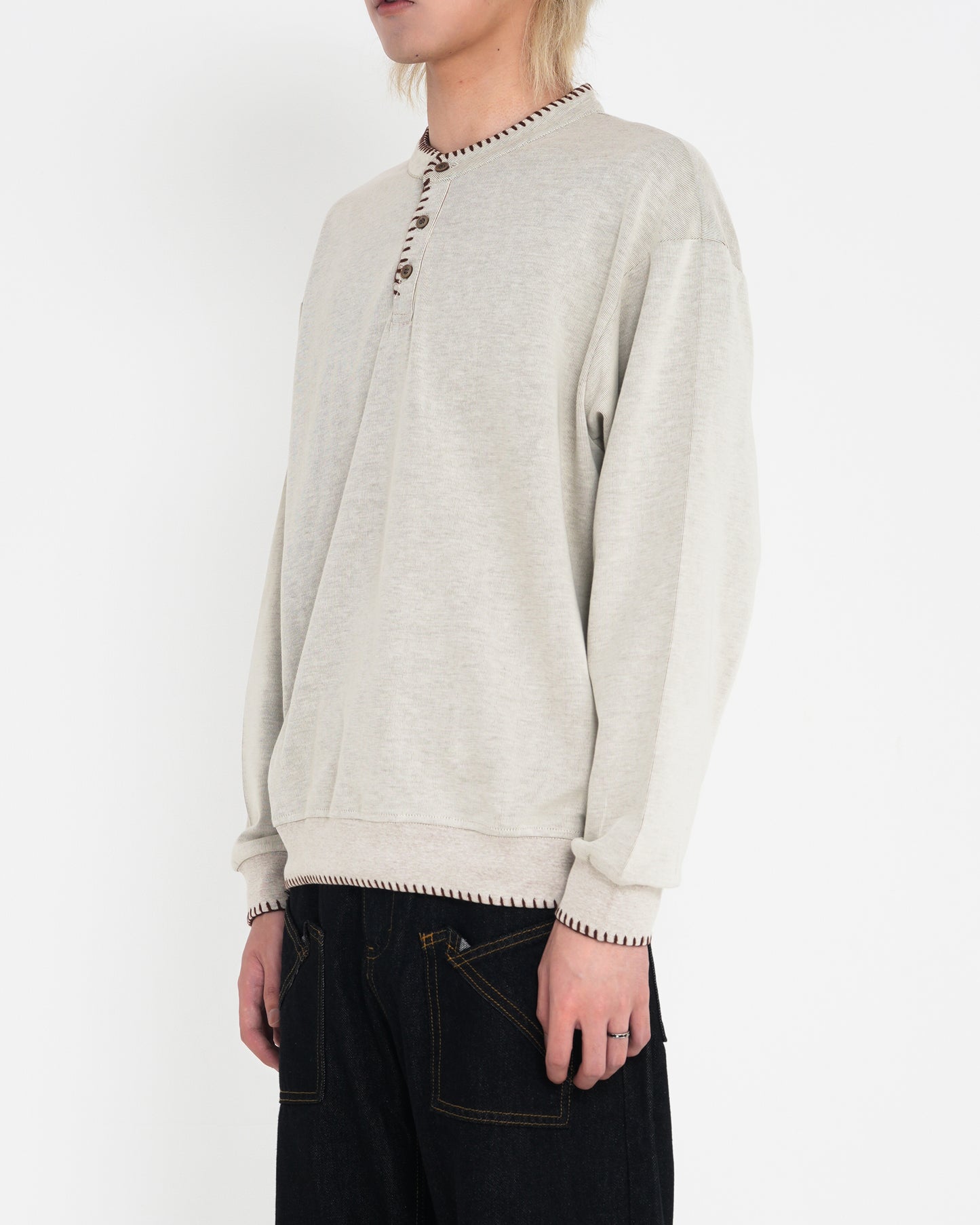Hand-Stitched Henley Neck Knit Sweatshirt