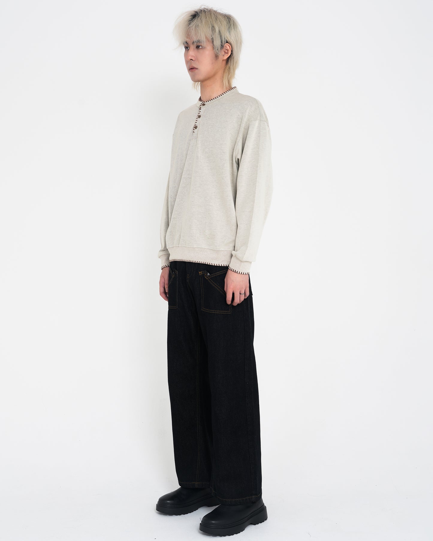 Hand-Stitched Henley Neck Knit Sweatshirt