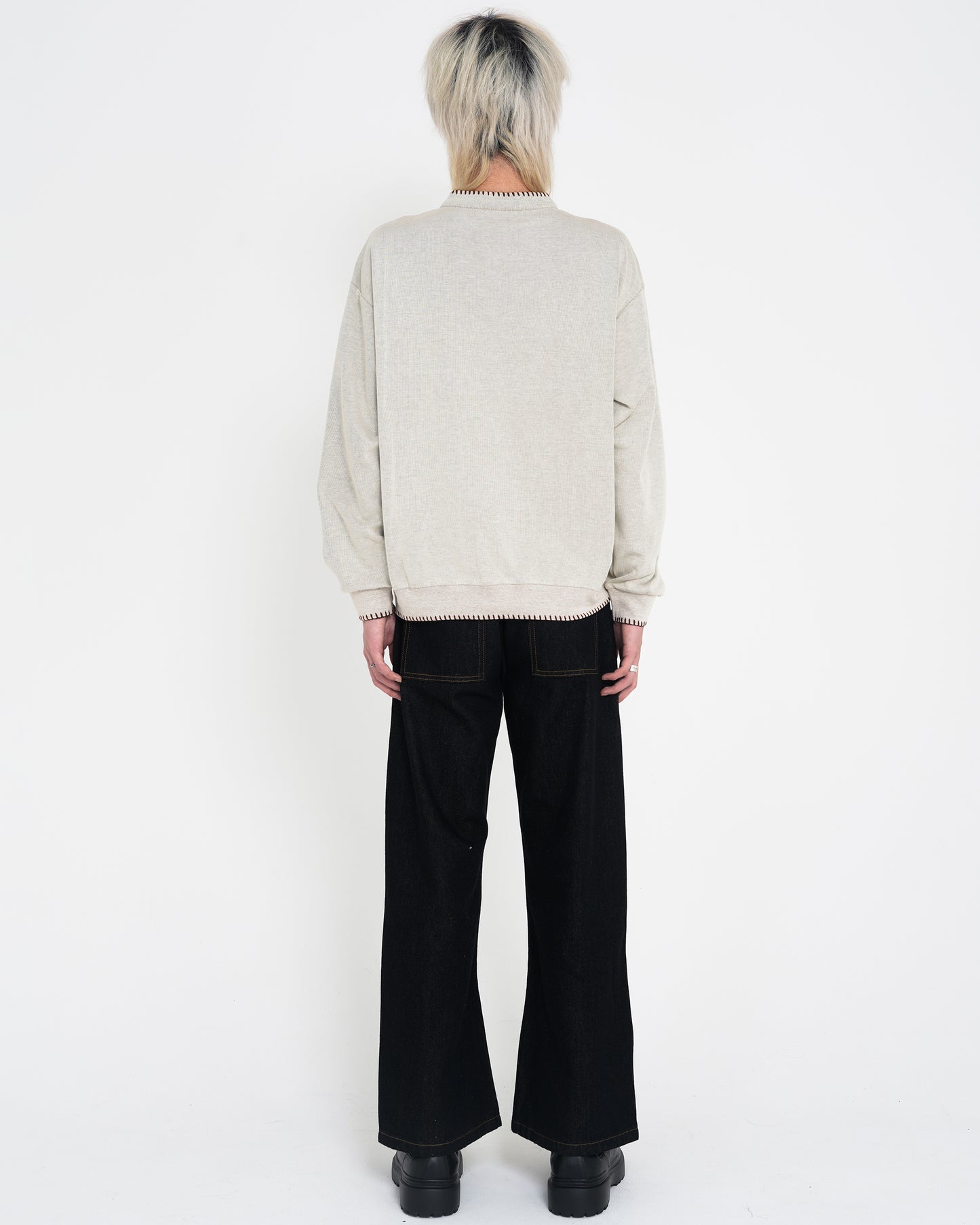 Hand-Stitched Henley Neck Knit Sweatshirt