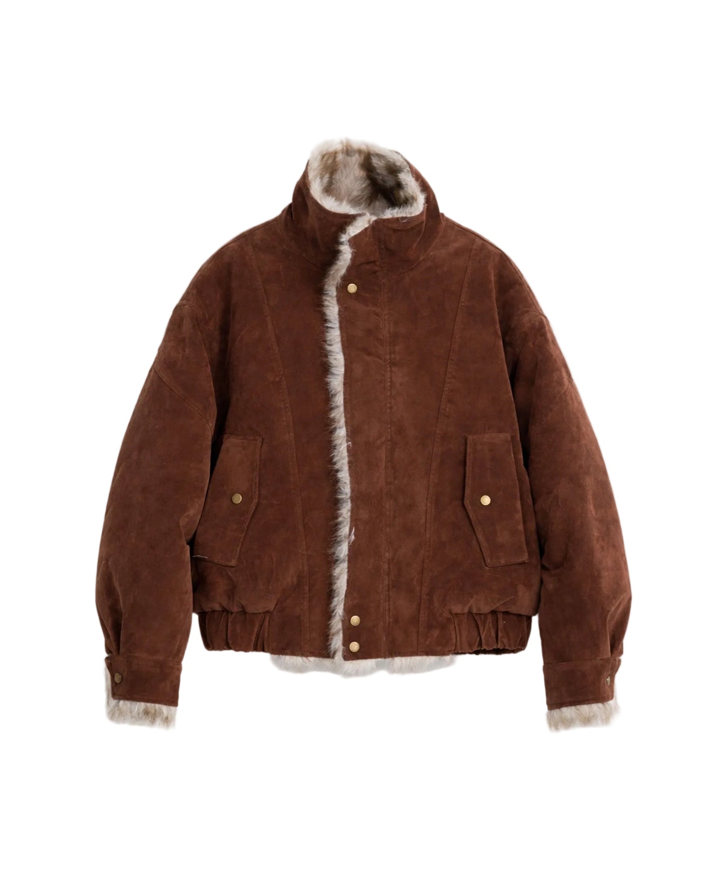 Faux Suede Stand Collar Cotton Jacket BRN