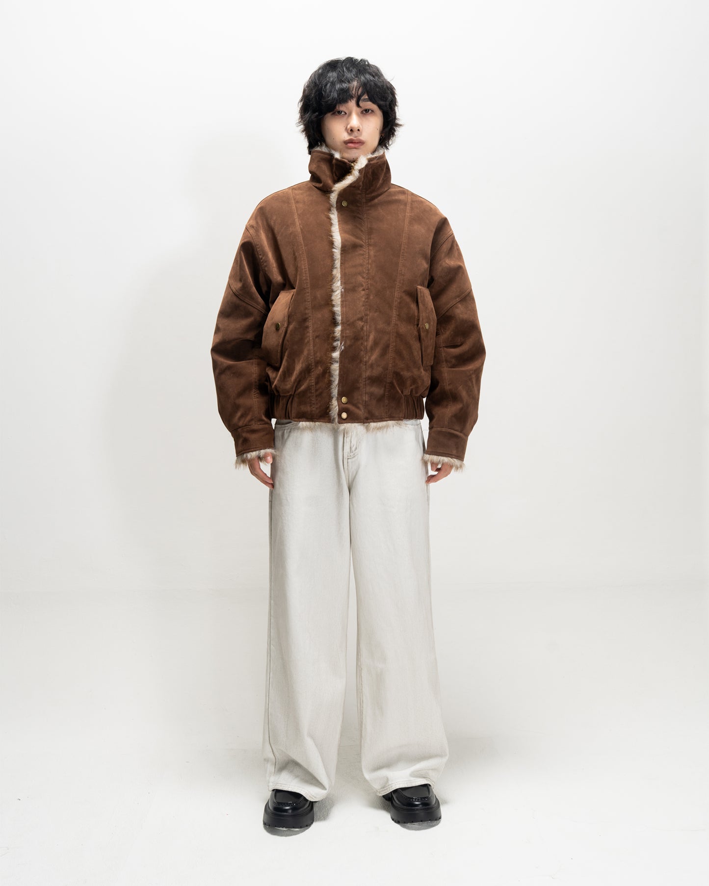 Faux Suede Stand Collar Cotton Jacket BRN