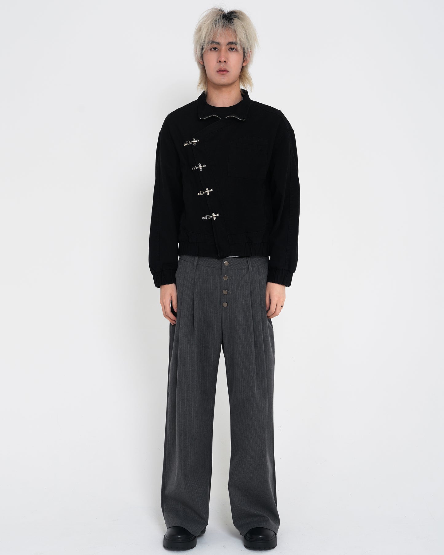 Aviation-Buckle Distressed Utility Jacket BLK