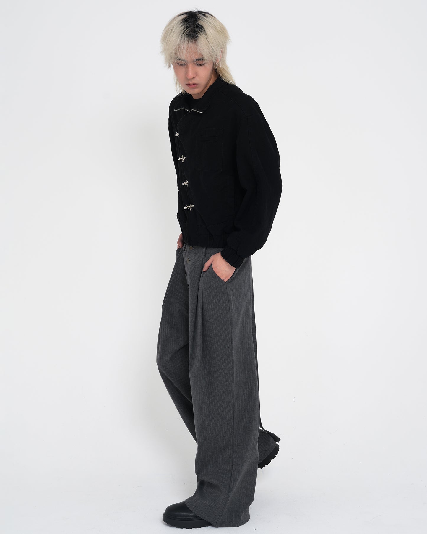 Aviation-Buckle Distressed Utility Jacket BLK