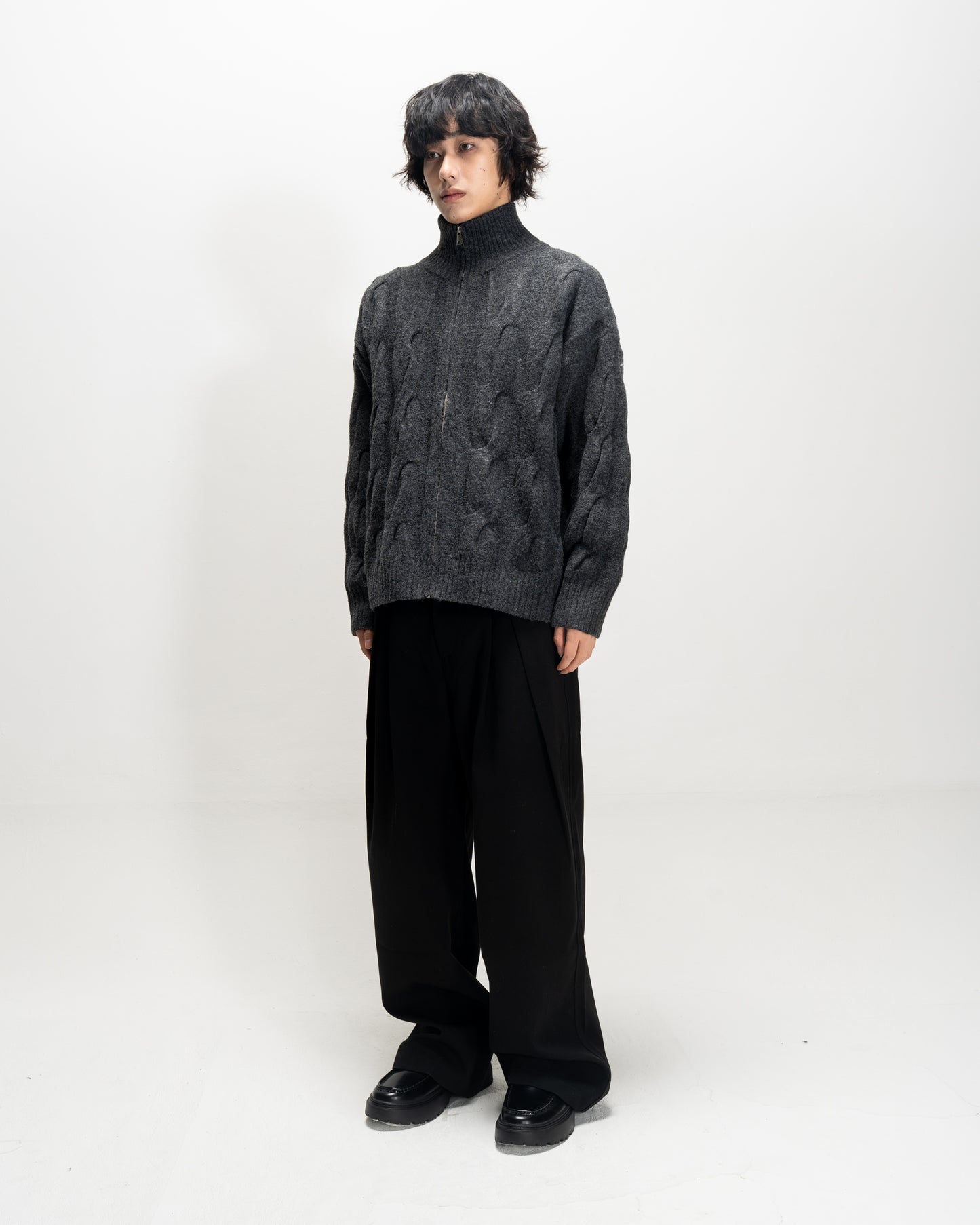 High-Neck Cable Knit Sweater D.GRY