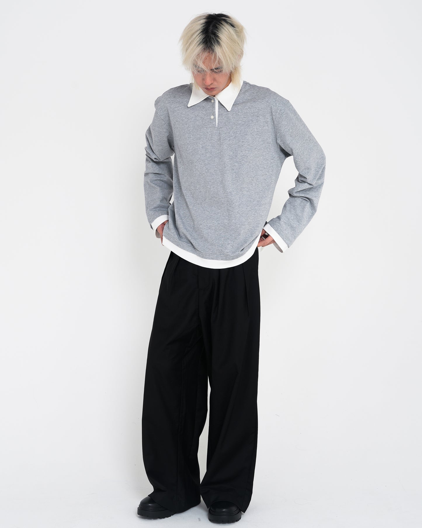 Contrast-Color Polo-neck Tee GRY