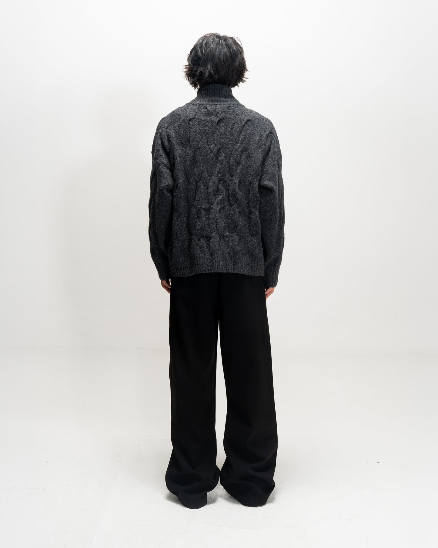 High-Neck Cable Knit Sweater D.GRY