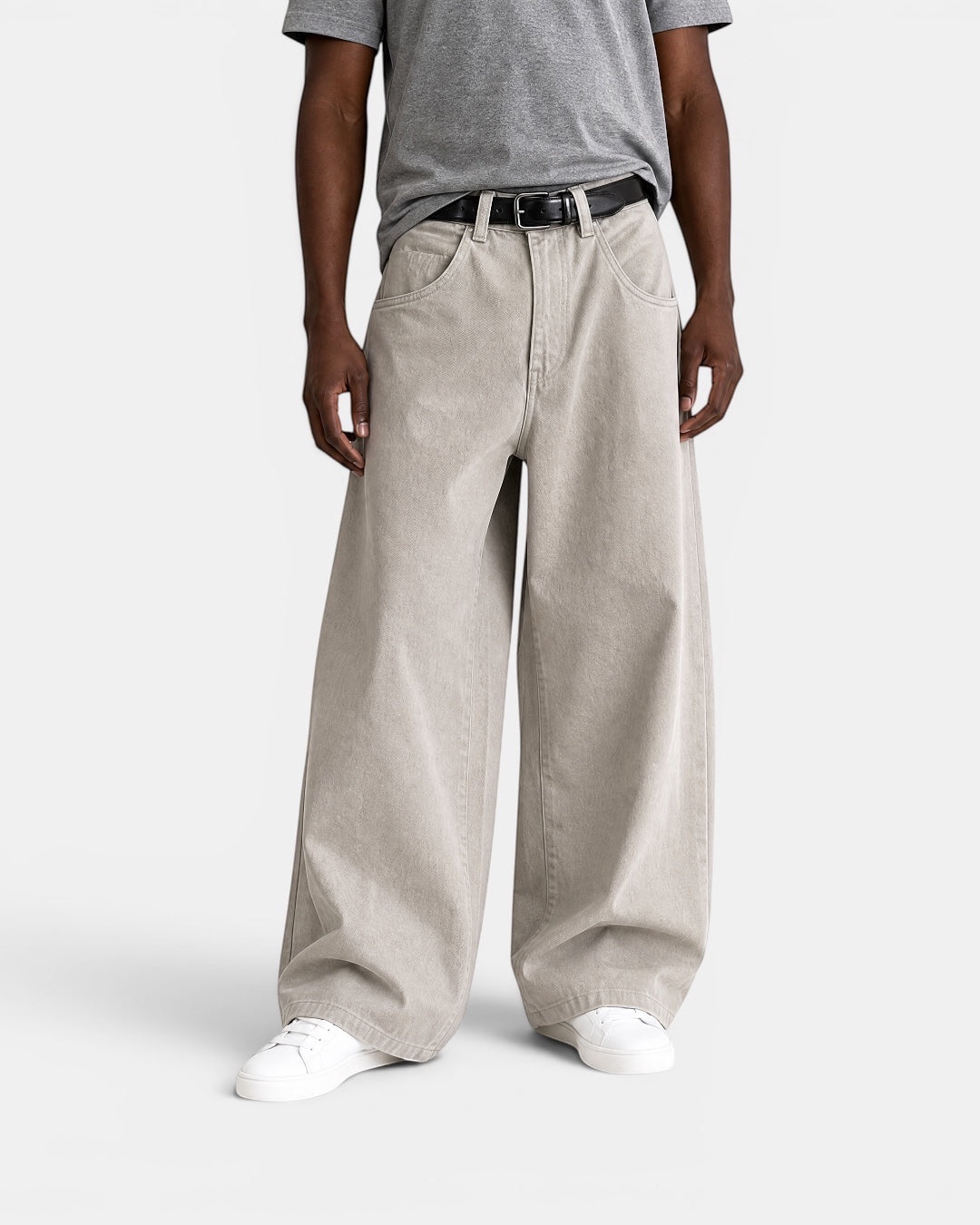 NAMELESS light beige washed cotton denim wide-leg jeans with five-pocket design and button-zip closure.