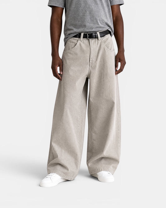 NAMELESS light beige washed cotton denim wide-leg jeans with five-pocket design and button-zip closure.
