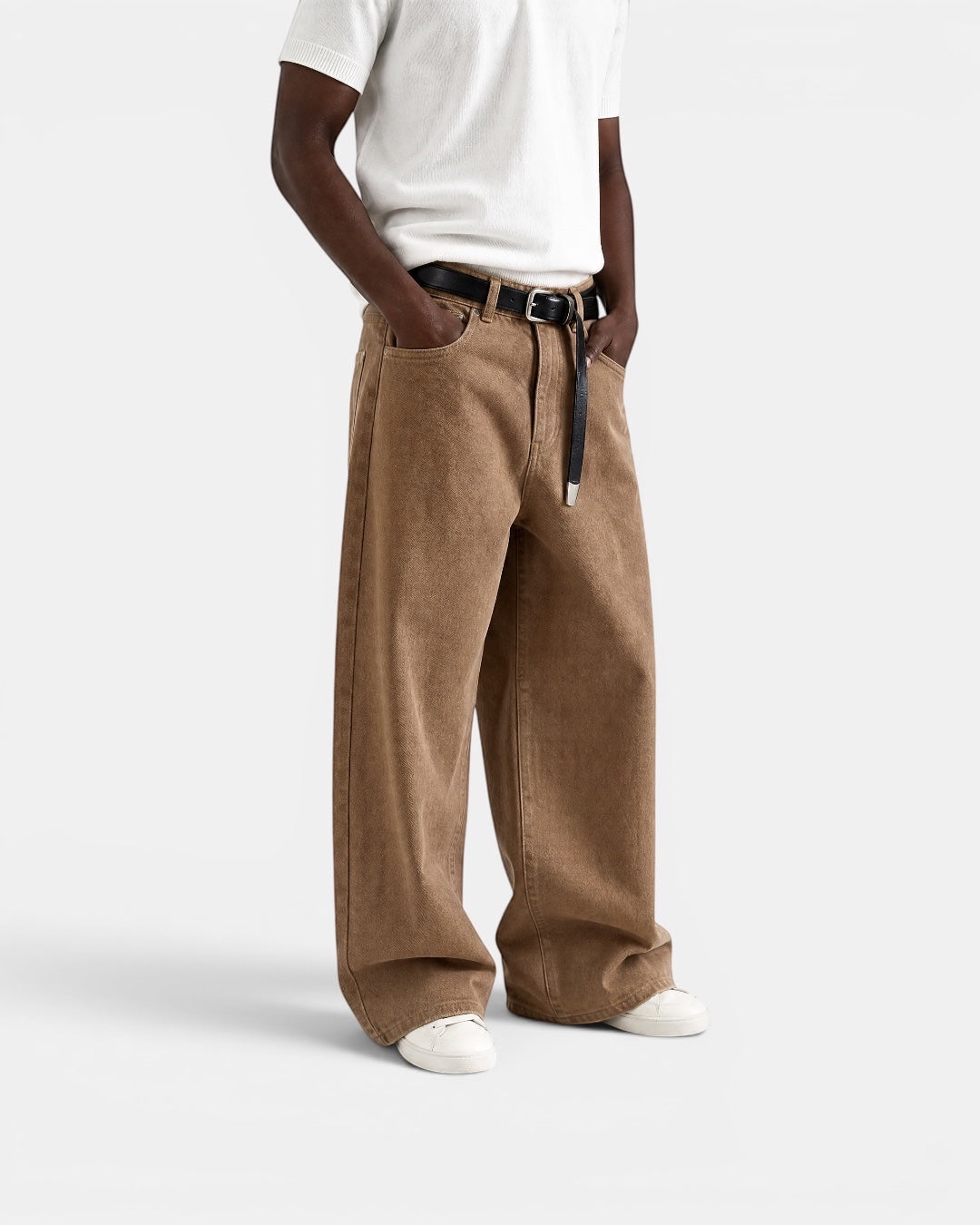 NAMELESS brown washed cotton denim wide-leg jeans with five-pocket design and button-zip closure.