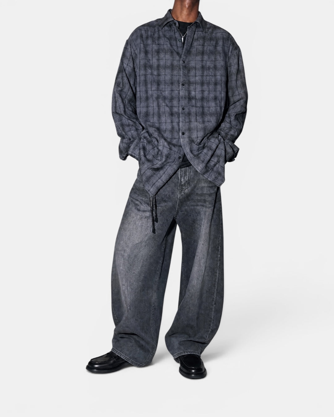 NAMELESS vintage textured grey checkered long-sleeve shirt worn by a man.
