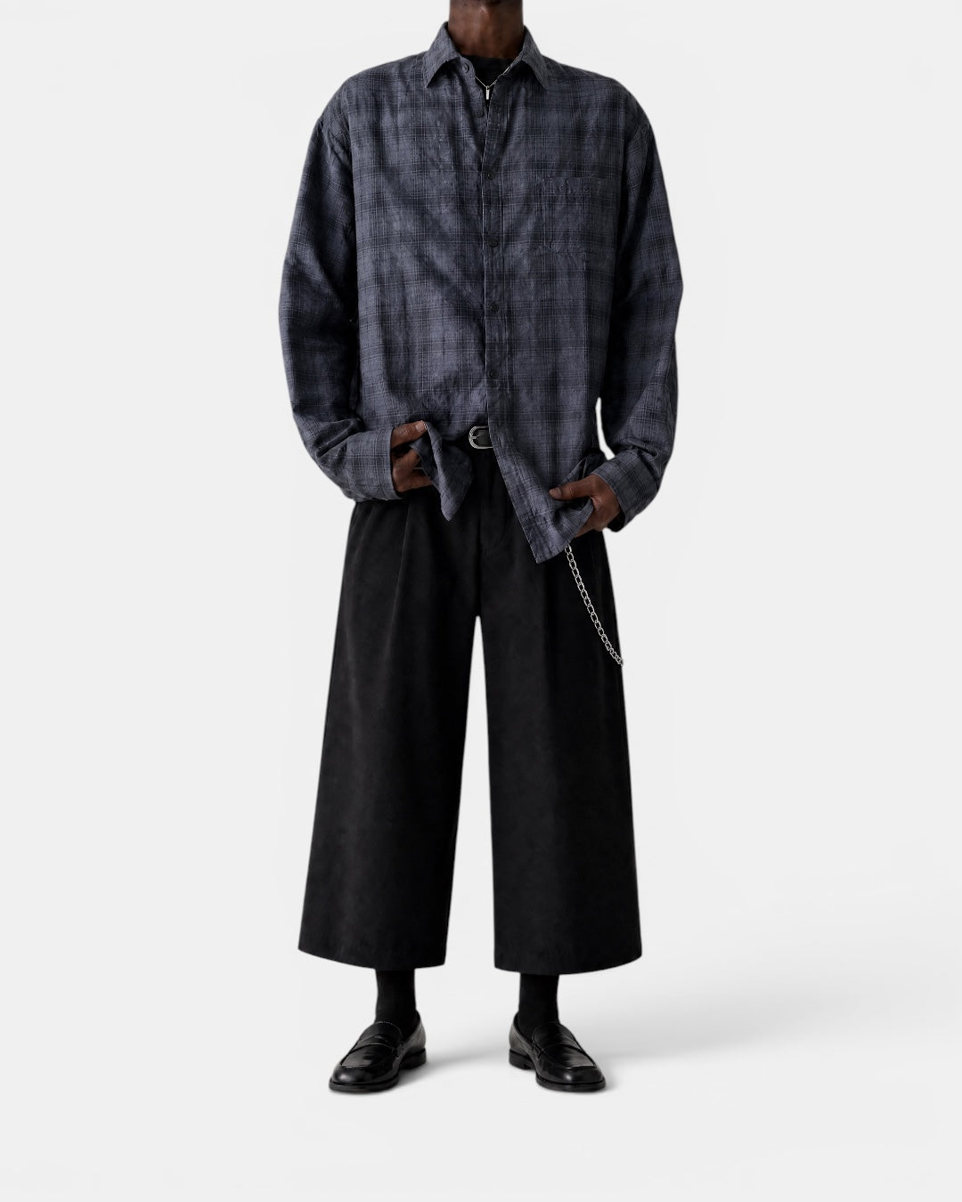 Nameless vintage textured grey checkered long-sleeve button-up shirt worn by a model.