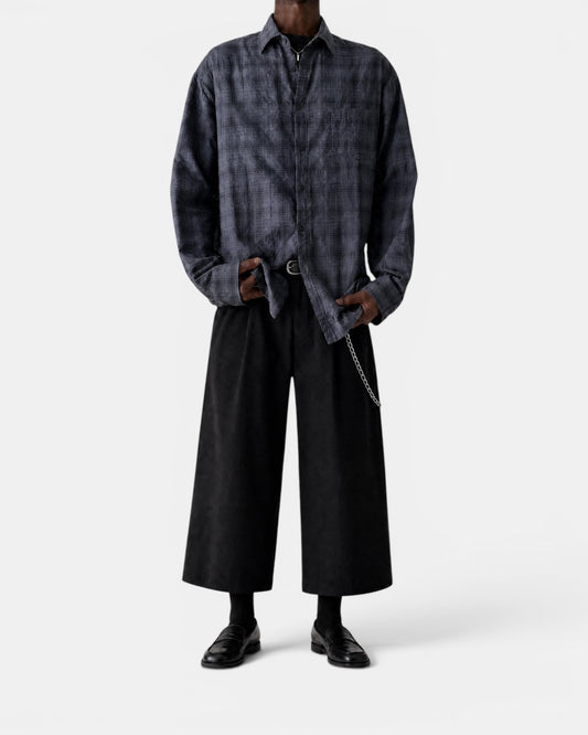 Nameless vintage textured grey checkered long-sleeve button-up shirt worn by a model.