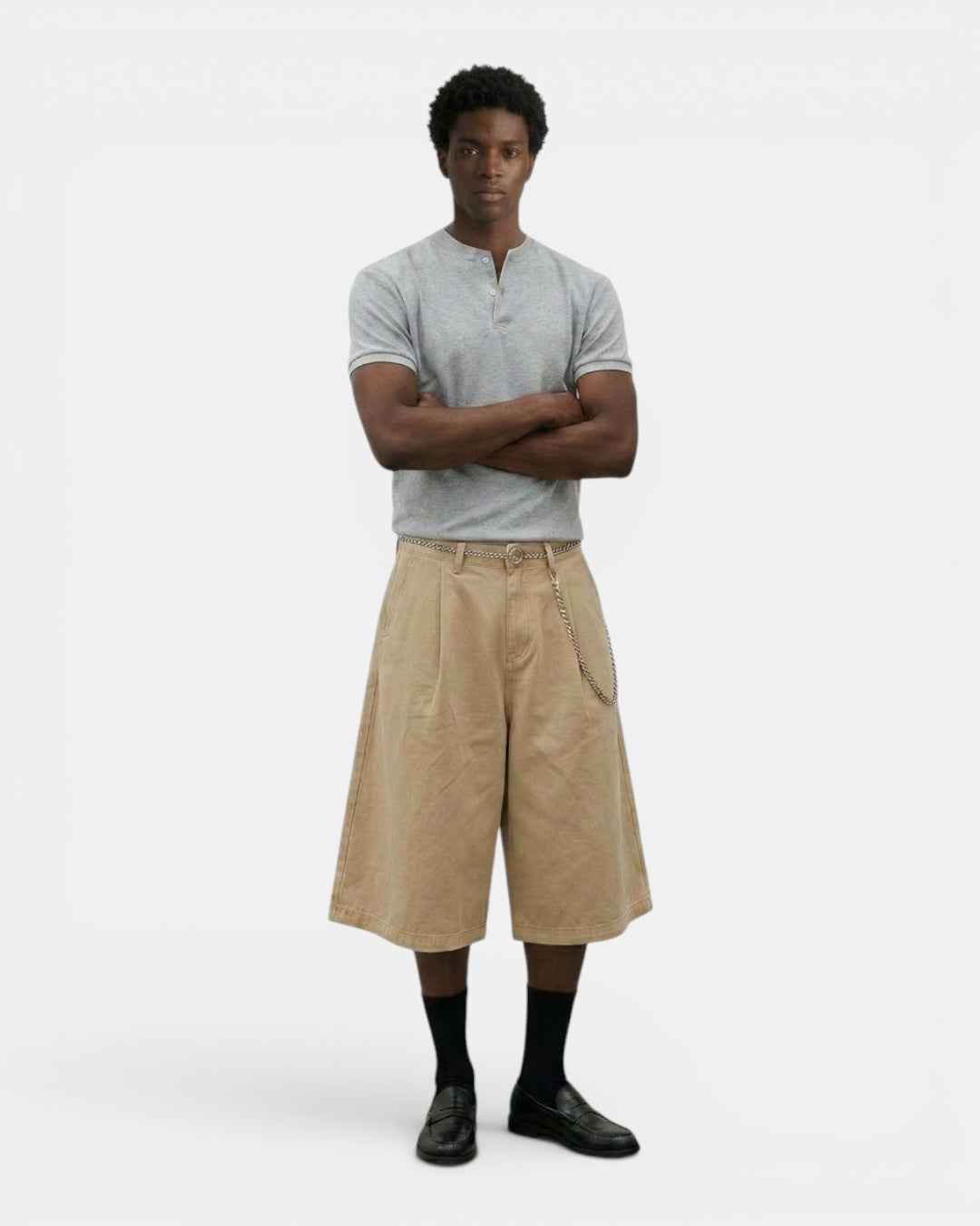 NAMELESS grey short-sleeve henley t-shirt with a button placket and contrast trim on sleeves and collar.