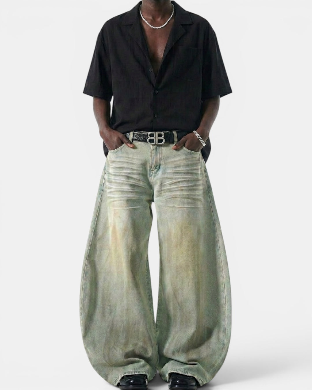 NAMELESS light blue washed rayon-blend denim wide-leg jeans with a curved silhouette and vintage-inspired fading.