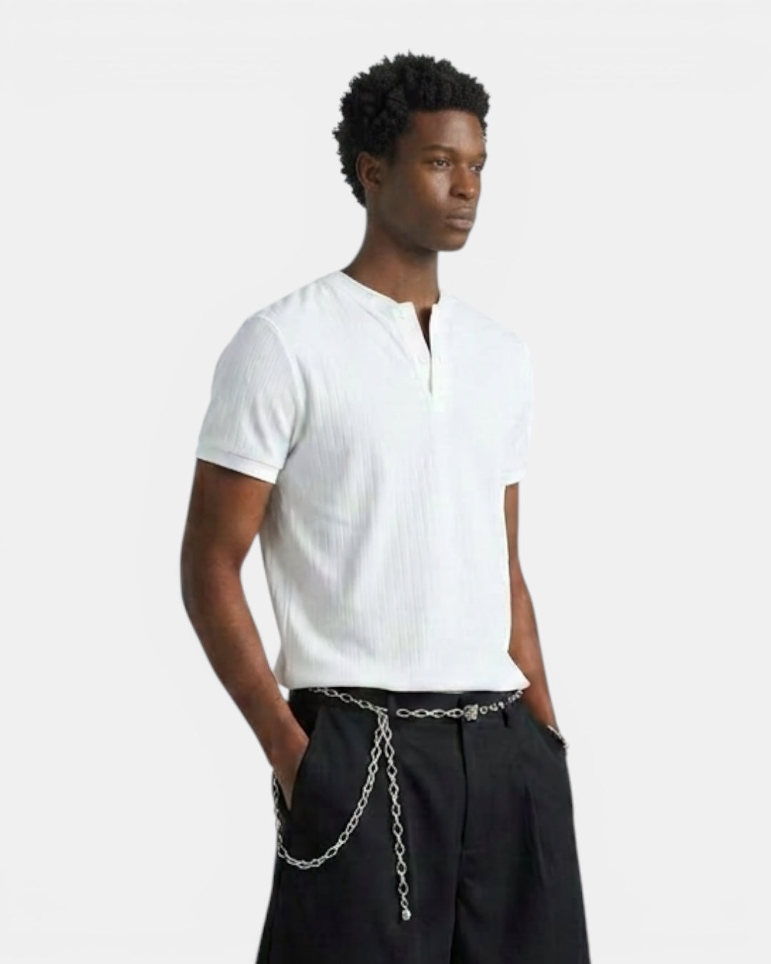 Nameless white ribbed short-sleeve henley t-shirt with a button placket, worn by a male model.